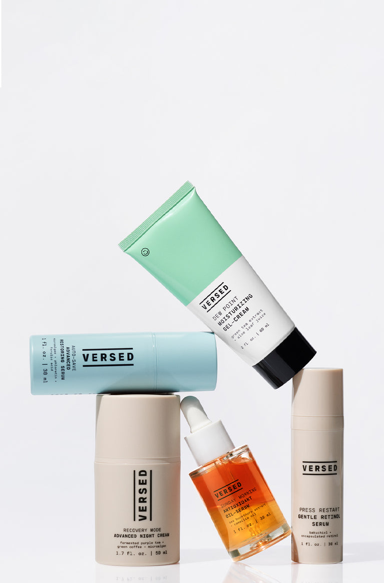 Versed, Clean skincare, Cruelty-Free Beauty, Group Image of high performance skincare. 
