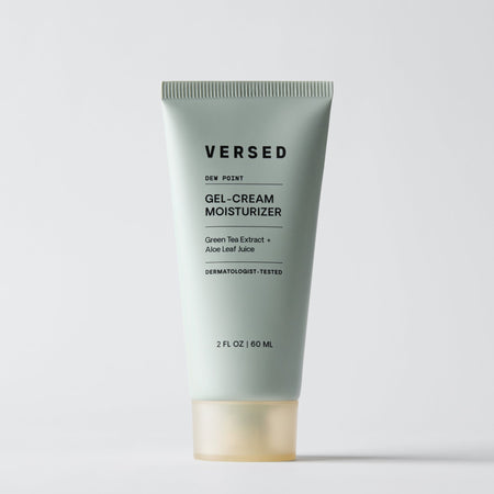 Versed Dew Point gel-cream moisturizer tube in pale green with gold base, 2 fl oz size.