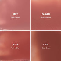 Four complexion balm swatches labeled Hint, Canyon, Rush, and Aura in varying shades of pink and terracotta.