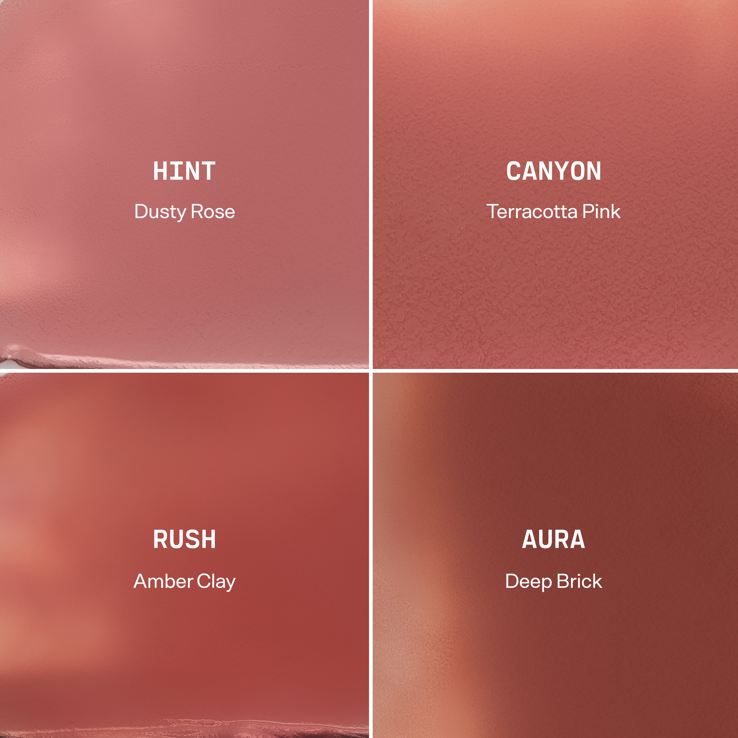 Four complexion balm swatches labeled Hint, Canyon, Rush, and Aura in varying shades of pink and terracotta.
