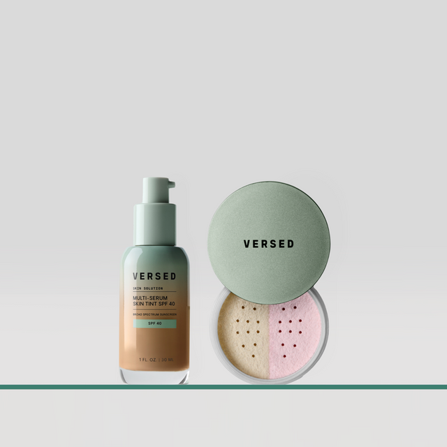 Versed multi-serum skin tint SPF 40 bottle and powder compact with green lid containing tan and pink shades.