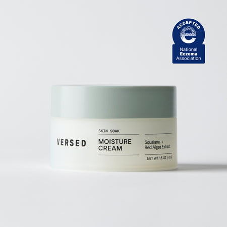 Versed Skin Soak Moisture Cream in a cream-colored jar with green lid, 1.5 oz, National Eczema Association accepted.
